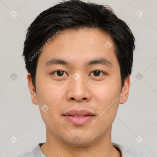 Neutral asian young-adult male with short  brown hair and brown eyes