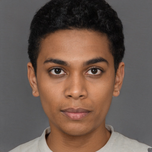 Neutral black young-adult male with short  black hair and brown eyes