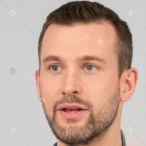 Neutral white young-adult male with short  brown hair and brown eyes