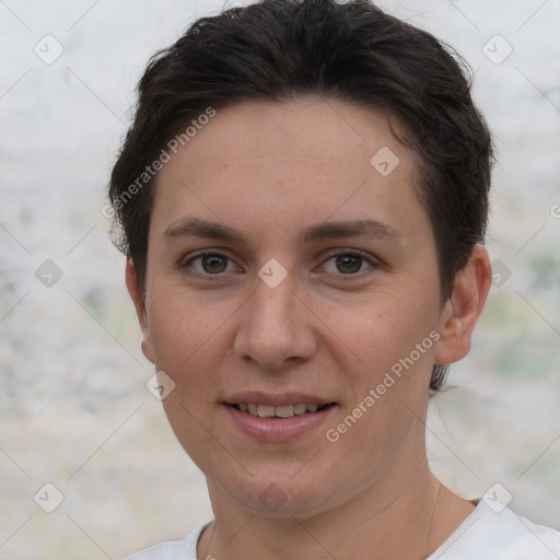 Joyful white young-adult female with short  brown hair and brown eyes