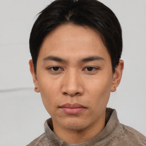Neutral asian young-adult male with short  black hair and brown eyes