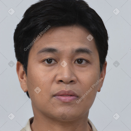 Joyful asian young-adult male with short  black hair and brown eyes