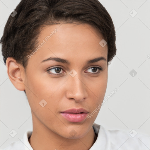 Neutral white young-adult female with short  brown hair and brown eyes