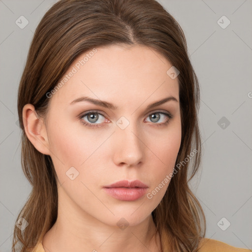 Neutral white young-adult female with medium  brown hair and blue eyes