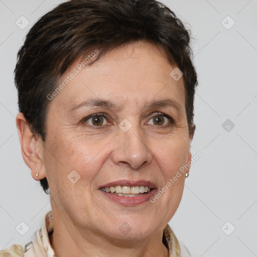 Joyful white adult female with short  brown hair and brown eyes