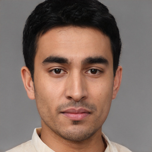 Neutral asian young-adult male with short  brown hair and brown eyes