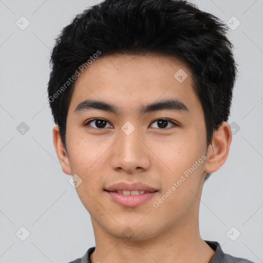 Neutral asian young-adult male with short  black hair and brown eyes