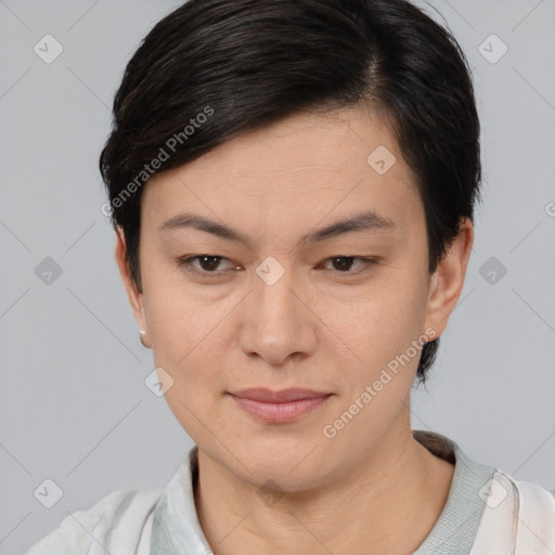 Joyful asian young-adult female with short  brown hair and brown eyes