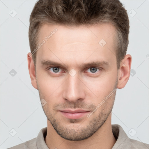 Neutral white young-adult male with short  brown hair and grey eyes