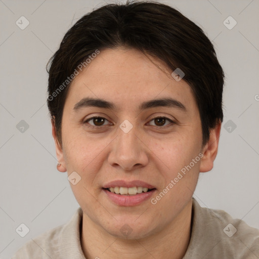 Joyful white adult female with short  brown hair and brown eyes