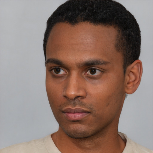 Neutral black young-adult male with short  black hair and brown eyes