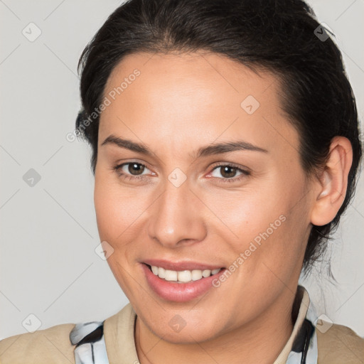 Joyful white young-adult female with medium  brown hair and brown eyes