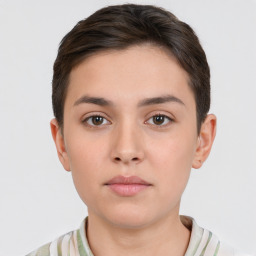 Neutral white young-adult female with short  brown hair and brown eyes