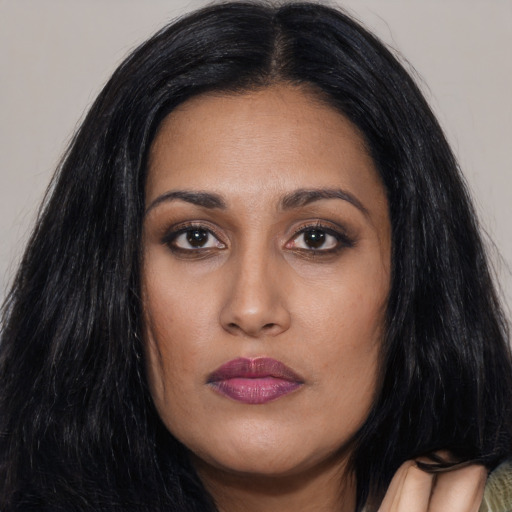 Neutral asian young-adult female with long  black hair and brown eyes