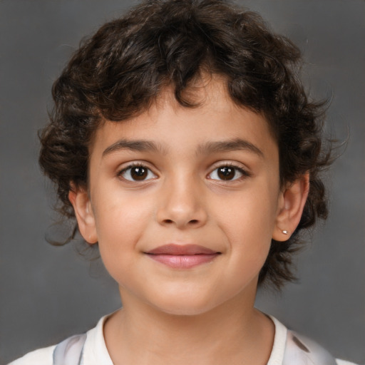 Joyful white child female with medium  brown hair and brown eyes