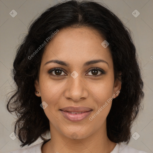 Joyful black young-adult female with medium  brown hair and brown eyes