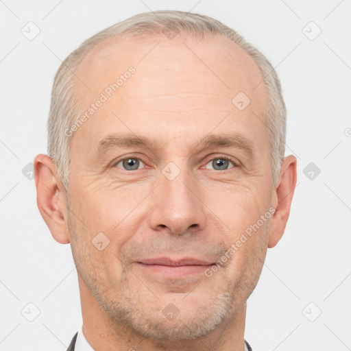 Joyful white adult male with short  brown hair and grey eyes