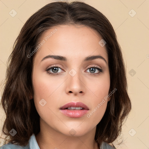 Neutral white young-adult female with medium  brown hair and brown eyes