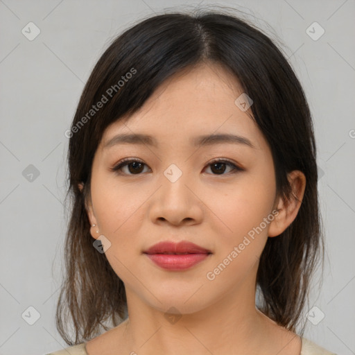 Neutral asian young-adult female with medium  brown hair and brown eyes
