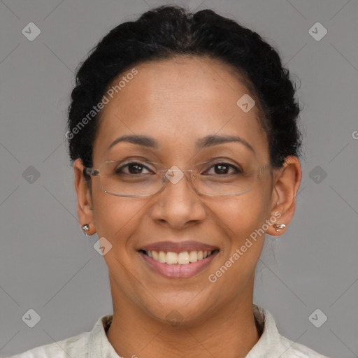 Joyful black adult female with short  brown hair and brown eyes