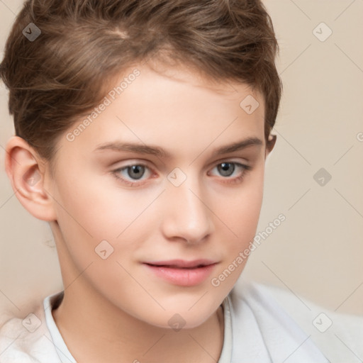 Joyful white child female with short  brown hair and brown eyes