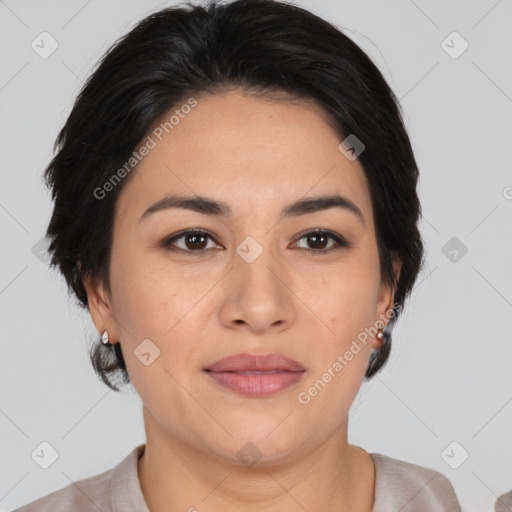 Joyful white adult female with medium  brown hair and brown eyes