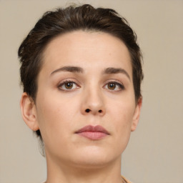 Neutral white young-adult female with short  brown hair and brown eyes