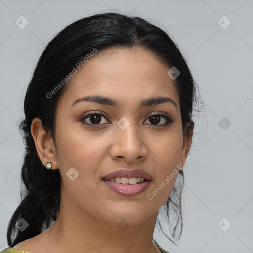 Joyful latino young-adult female with medium  brown hair and brown eyes