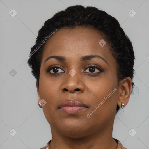 Neutral black young-adult female with short  black hair and brown eyes