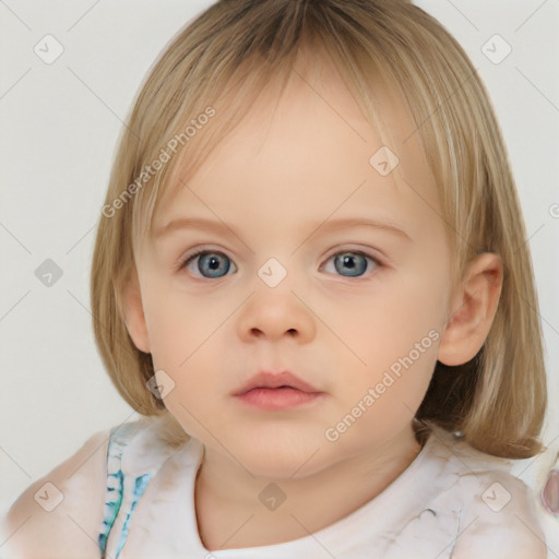 Neutral white child female with medium  brown hair and blue eyes