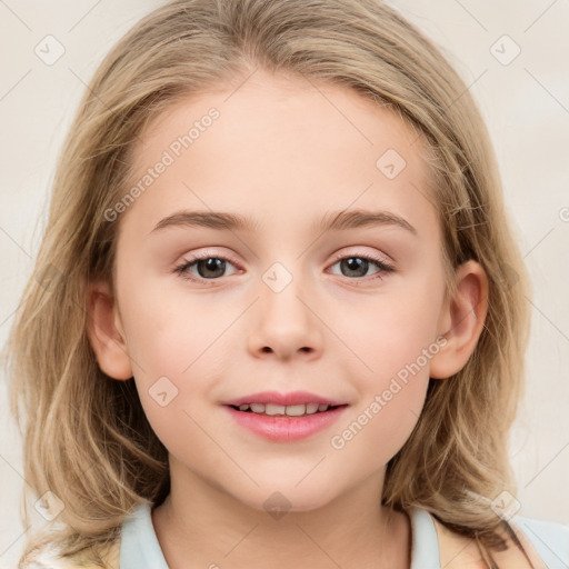 Joyful white child female with medium  brown hair and grey eyes