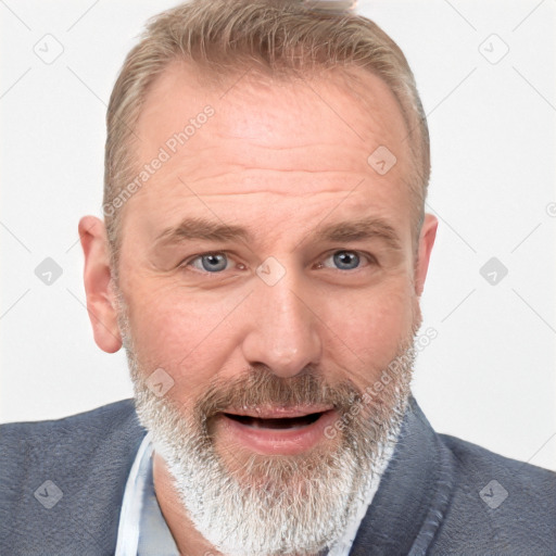 Joyful white adult male with short  brown hair and grey eyes