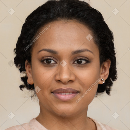 Joyful latino young-adult female with medium  black hair and brown eyes