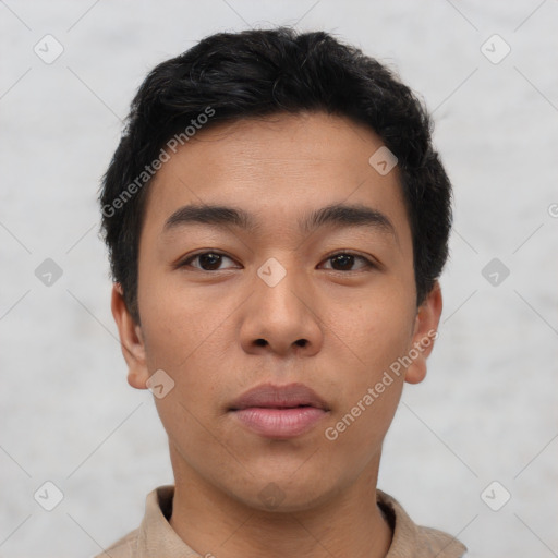 Neutral asian young-adult male with short  black hair and brown eyes