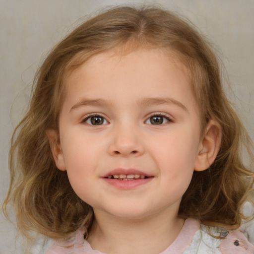 Joyful white child female with medium  brown hair and brown eyes