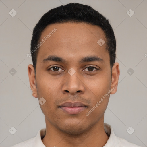 Neutral latino young-adult male with short  black hair and brown eyes