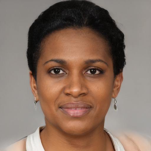 Joyful black young-adult female with short  black hair and brown eyes