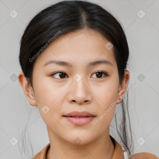 Neutral white young-adult female with medium  brown hair and brown eyes