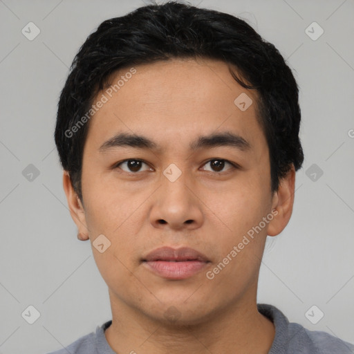 Neutral asian young-adult male with short  black hair and brown eyes