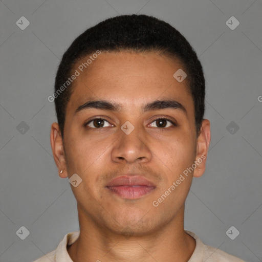 Neutral latino young-adult male with short  brown hair and brown eyes