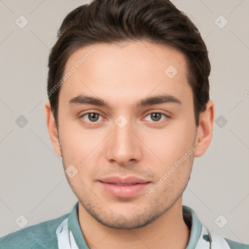 Neutral white young-adult male with short  brown hair and brown eyes