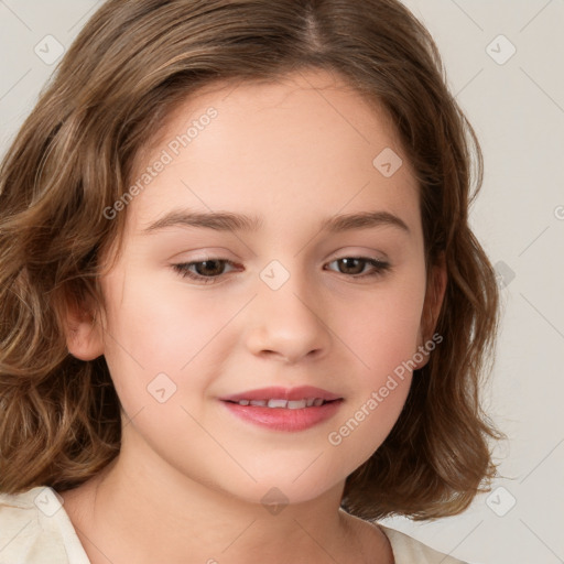 Joyful white child female with medium  brown hair and brown eyes