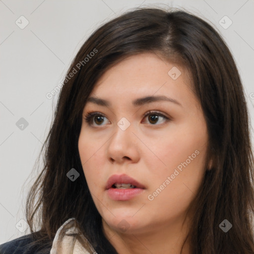 Neutral white young-adult female with long  brown hair and brown eyes