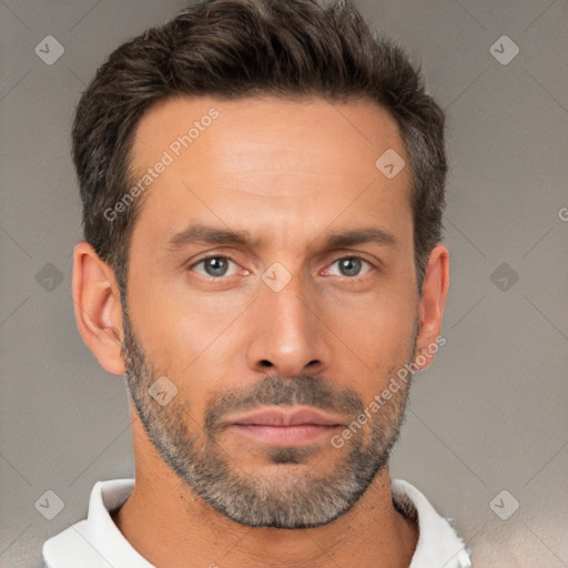 Neutral white adult male with short  brown hair and brown eyes