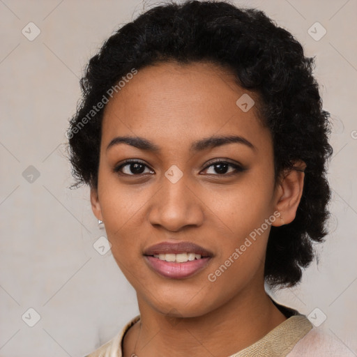 Joyful latino young-adult female with short  black hair and brown eyes