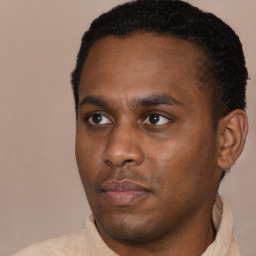 Neutral black young-adult male with short  black hair and brown eyes