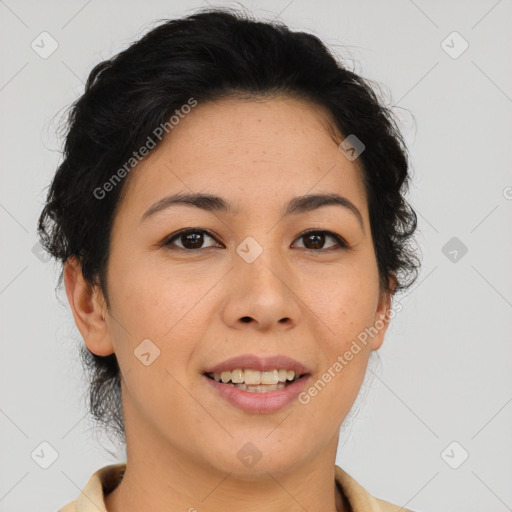 Joyful latino young-adult female with short  brown hair and brown eyes