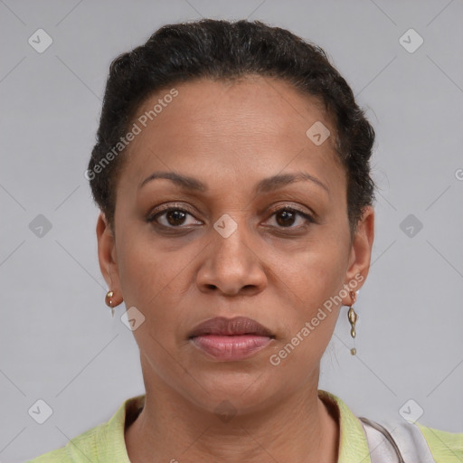 Joyful latino adult female with short  brown hair and brown eyes