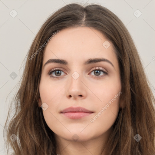 Neutral white young-adult female with long  brown hair and brown eyes