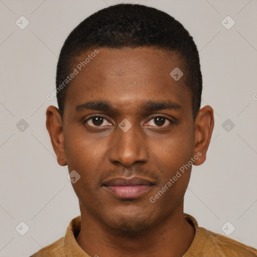 Neutral black young-adult male with short  black hair and brown eyes